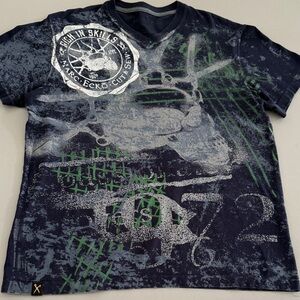 Marc Ecko Navy and Green Y2K Grunge Streetwear Graphic Tee: Size L